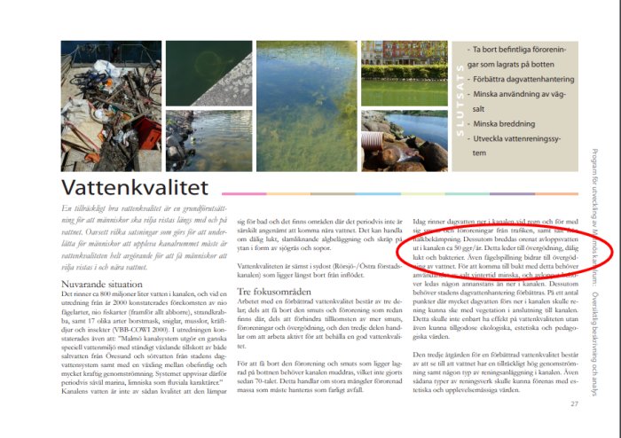 Collage av bilder som visar förorenat vatten, skräp i vattendrag och reningsverkets utsläppsstrategi.