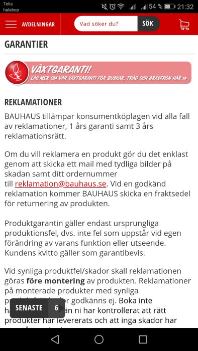 Skärmdump från BAUHAUS webbsida som visar deras garanti- och reklamationspolicy.