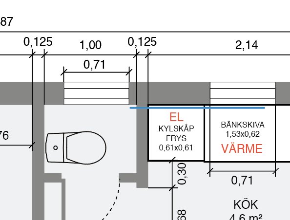 Arkitektritning över kökslayout med markerade vattenledningar och värmeelement nära kyl och frys.