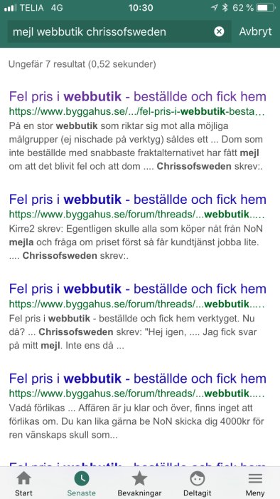 Skärmbild av sökresultat på en mobiltelefon med sökorden "mejl webbutik chrissofsweden" som visar forumtrådar.