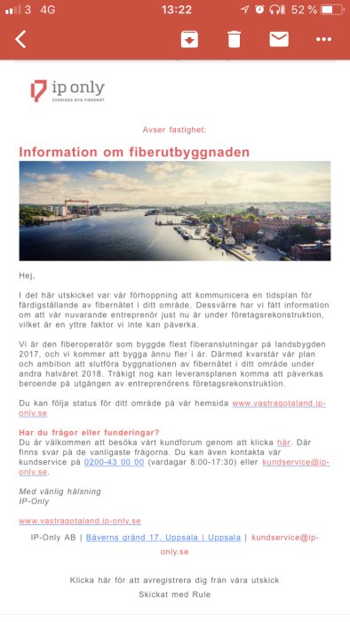 Skärmdump av e-post från IP-Only med rubriken "Information om fiberutbyggnaden" och en vy över en stad.