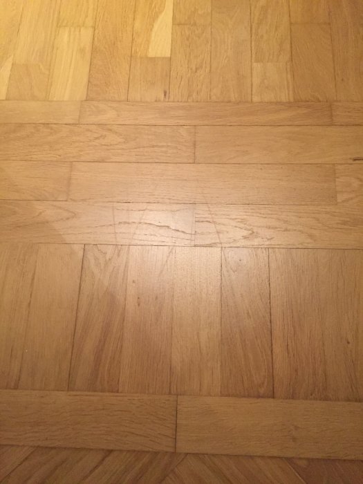 Ett trägolv med synliga ytliga märken i lacken, potentiellt orsakade av ett dammsugarmunstycke.