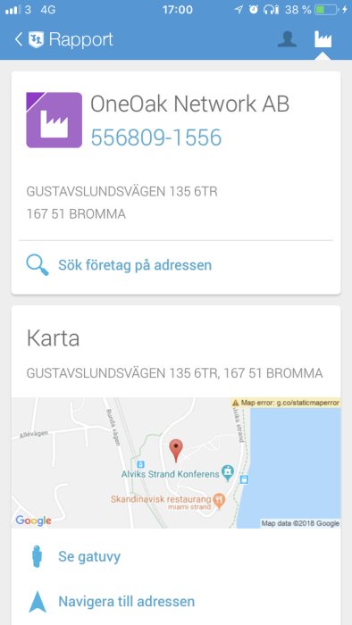 Skärmdump av ett företagsprofil med logotyp, information och karta i ett mobilgränssnitt.