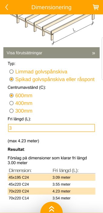 Skärmdump av en byggkalkylator för dimensionering av bjälklag med valmöjligheter och resultat för olika storlekar på träbjälkar.
