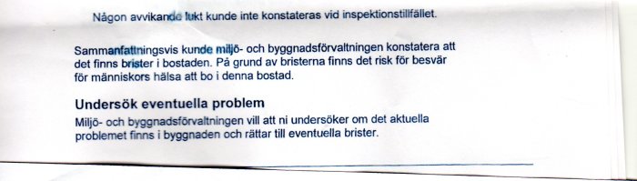 Bild på ett dokument med text om en miljö- och byggnadsförvaltnings utvärdering av bostadsbrister.