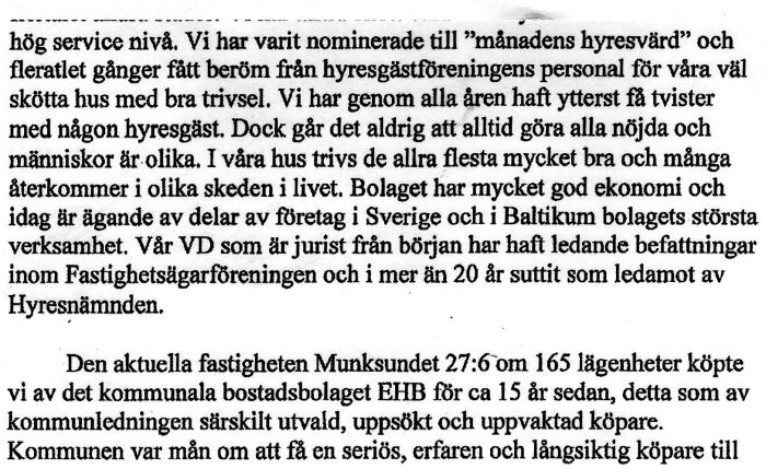 Bild på en utskrift av en text som diskuterar boendeförhållanden och fastigheten Munksundet.