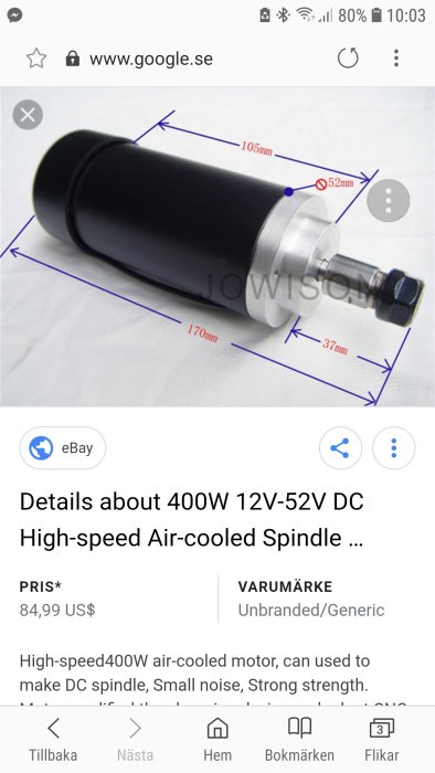 Svart 400W 12V-52V DC höghastighetsmotor för luftkylning med måttmarkeringar på vit bakgrund.