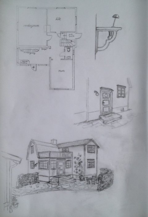 Handritad skiss av 1920-tals villa och layout, inklusive detaljer av konsol och hatthylla.