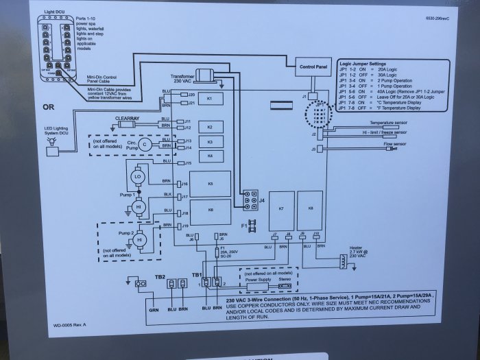 Elektriskt schema för anslutning av komponenter i spabad med beteckningar och anslutningspunkter.