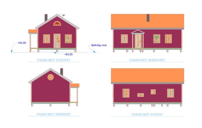 Ritningar av ett fritidshus med fyra fasader visar ett falurött hus med vita knutar och plan för loft.