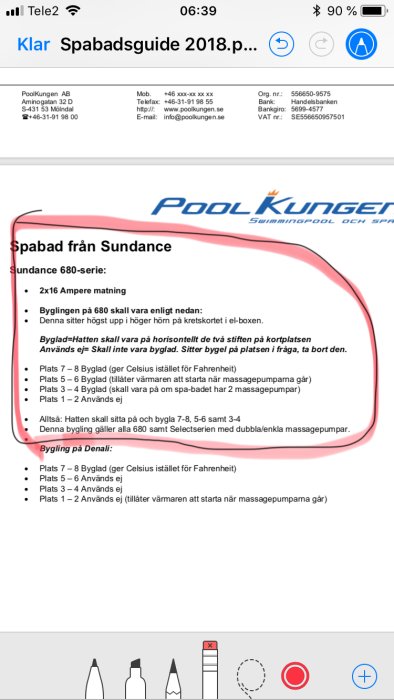 Skärmdump av en spabadsguide med instruktioner för bygling på en Sundance 680-serie spa.