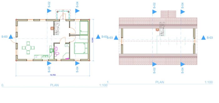 Arkitektritningar av framtida fritidshus planvy och sektion med måttangivelser.