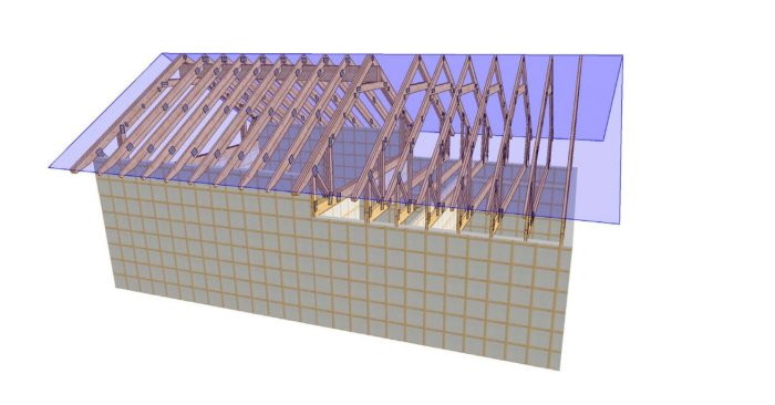 3D-ritning av en byggkonstruktion för ett fritidshus med takstolar och halvtäckt yta.