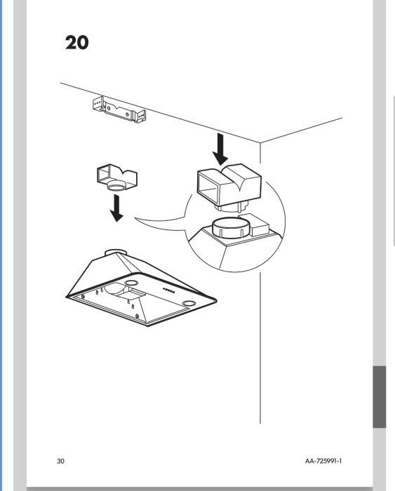 Illustration av en ventilationskåpa som monteras utan rör, med luftflöde som blåser ut åt sidorna.