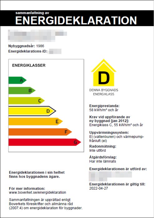 Sammanfattning av en energideklaration visar att byggnaden har energiklass D med information om energiprestanda och uppvärmningssystem.