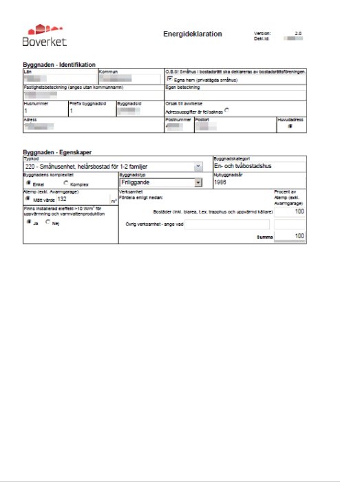 Exempel på en energideklaration utfärdad av Boverket som visar identifieringsinformation och byggnadens egenskaper.