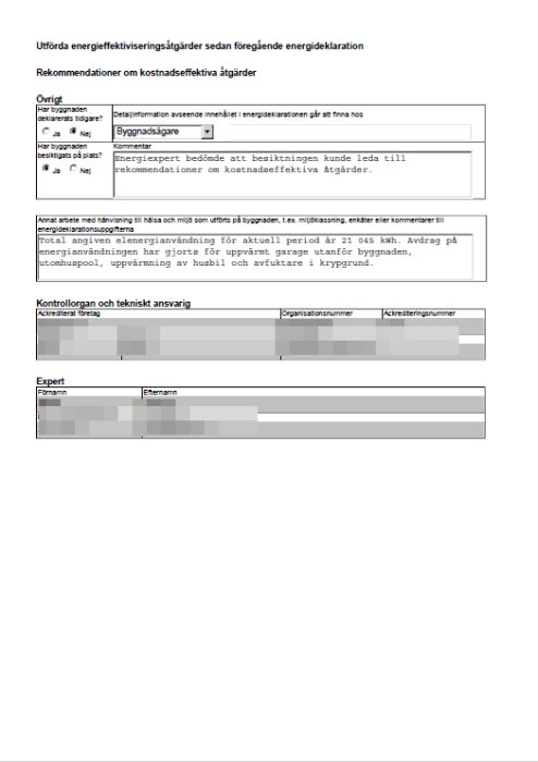 Energideklaration med rekommendationer för energieffektivisering och expertens kontaktuppgifter, texten är delvis suddig.