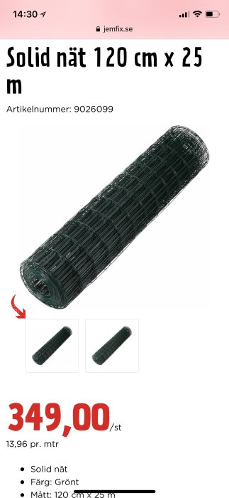 Ett rullat grönt stängselnät som är 120 cm högt och 25 meter långt, presenterat på en onlinebutiks webbsida.