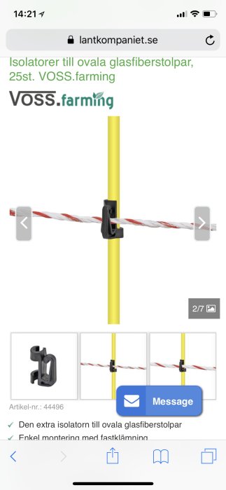 Gul glasfiberstolpe med svart isolator för stängseltråd, produkt från Voss.farming.