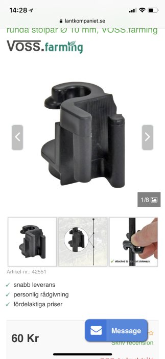 Svart isolator för stängselmontering, kompatibel med armeringsjärn, med ytterligare installationsbilder.