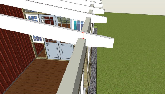 3D-modell av husbygge visar trätrall, dubbeldörrar och takstol med potentiell urtagshöjd markerad.