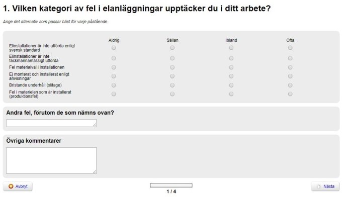 Skärmdump av en enkät om fel i elanläggningar med flervalsfrågor och textfält.