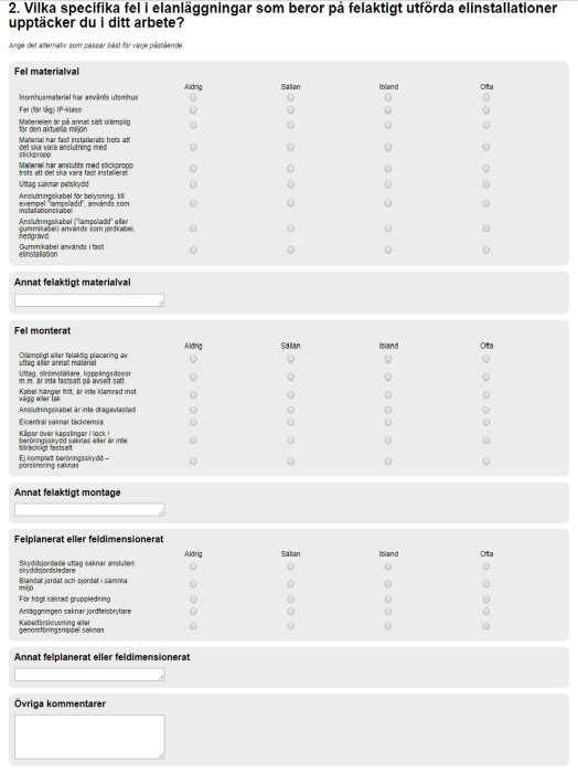Enkätformulär med flervalsfrågor om fel i elanläggningar och kvalitet på elektriska installationer.