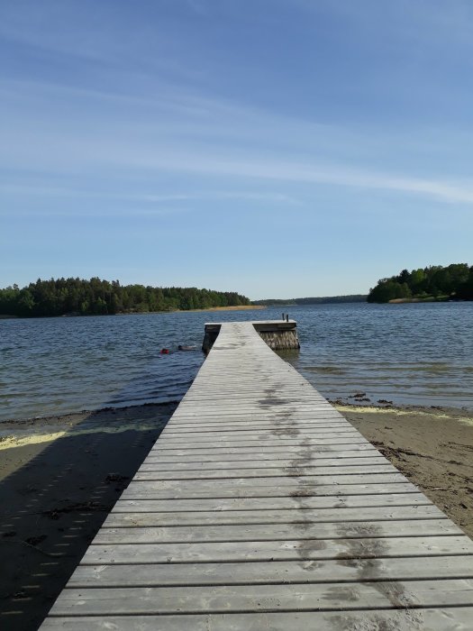 En träbrygga som sträcker sig ut i en sjö med skog i bakgrunden och en klarblå himmel.