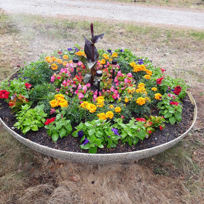 Rund blomsterbädd med färgglada sommarblommor och en dekorativ fågelstaty i mitten.