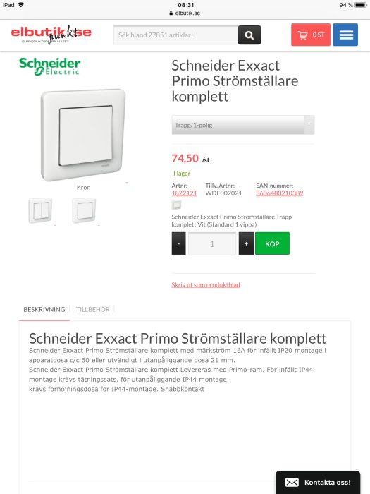 Produktbild av en Schneider Exxact Primo strömställare komplett på en webshop.