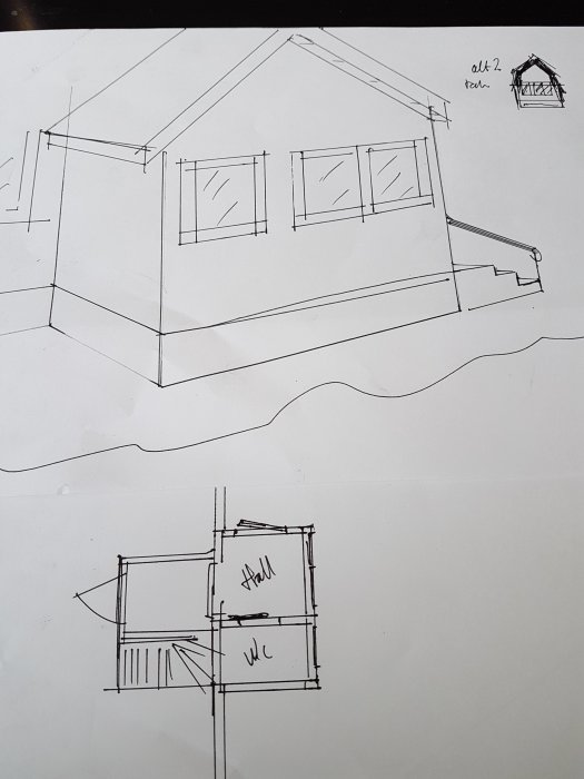 Handritad skiss av ett hus och en separat takkonstruktion, med markeringar för hall och wc.