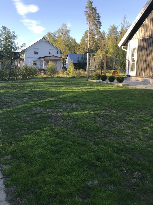 Patchy lawn with areas of lush green grass and bare spots in front of a house with swings.