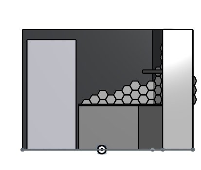 Skiss av ett kök med hexagonalt kakel över diskbänk och mörk tapet eller färg.