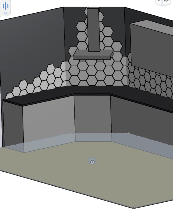 Skiss av ett kök med hexagonalt kakel runt spishäll och skåp.