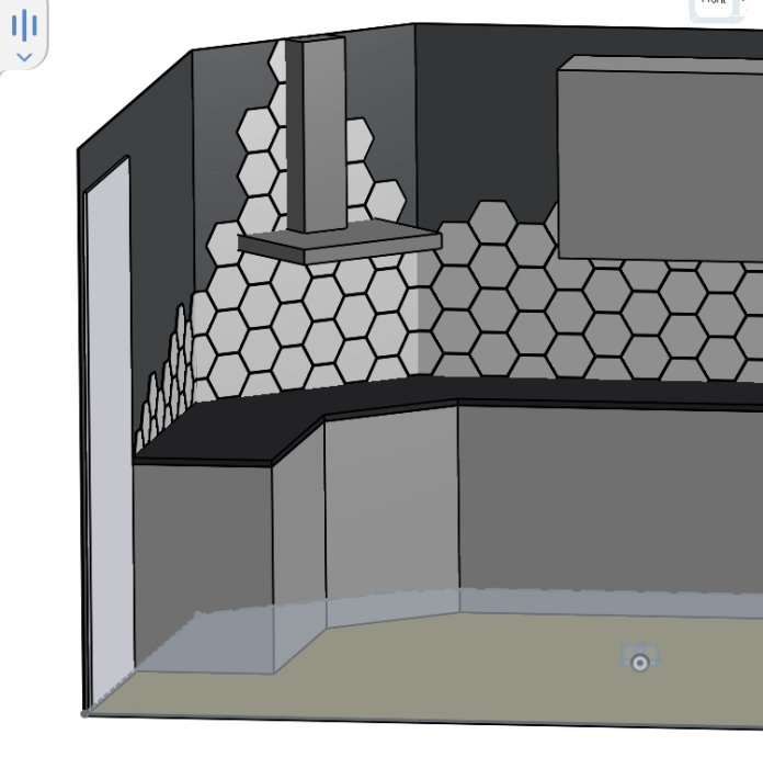 Skiss av ett kök med hexagonalt, marmorliknande kakel på väggen och grå skåp.