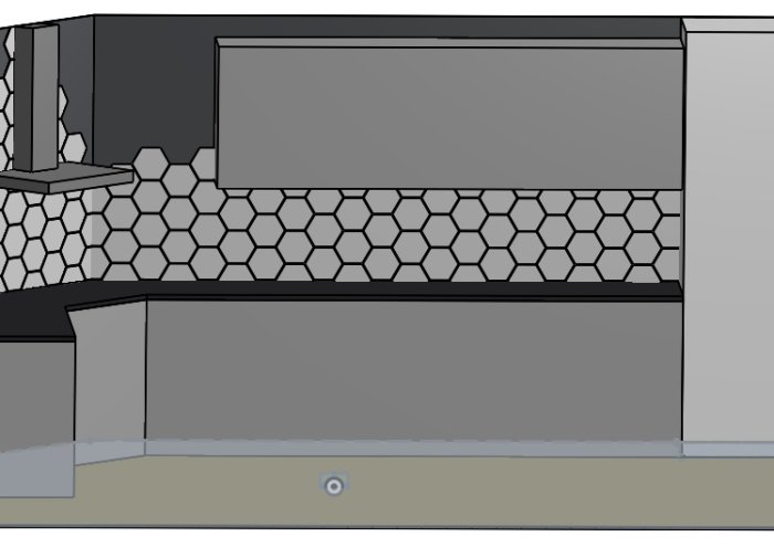 Skiss av kök med hexagonalt kakel ovanför bänkskiva och gråa skåp.