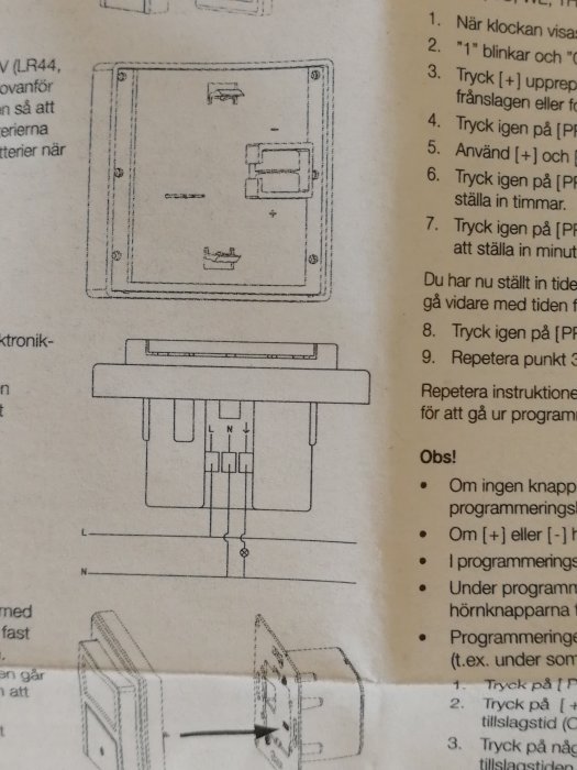 Schematisk illustration över kopplingsanvisningar för en infälld timer med detaljerade instruktioner.