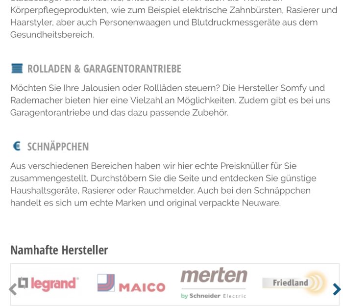 Skärmdump av en webbsida med kategorier för rulladen, garagentorantriebe och schnäppchen samt logotyper för olika tillverkare.