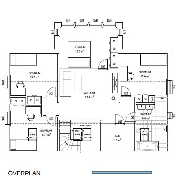 Ritning över övre plan av ett hus med fyra sovrum, allrum, klädkammare och badrum, med tydlig märkning av rummens storlek.