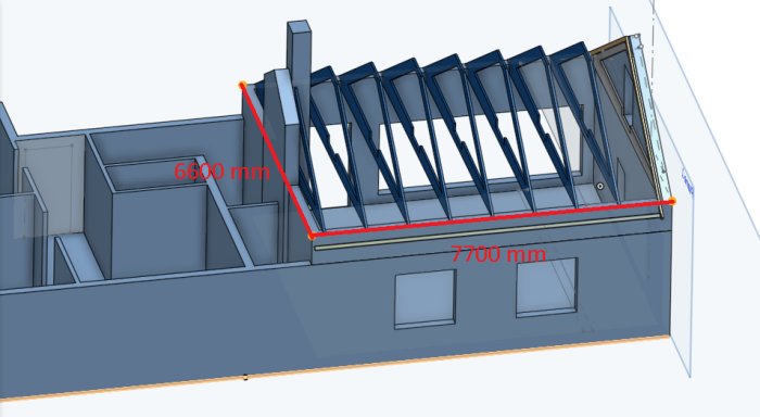 3D-ritning av en hussektion med måttangivelser, inklusive en takstomme.