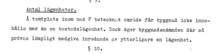 Utdrag ur detaljplan med text om begränsning av antal bostadslägenheter på tomter och byggnadsnämndens befogenheter.