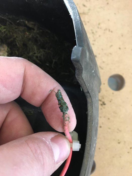 Hand holding a corroded cable from a robotic lawn mower's charging contacts with evident green corrosion.