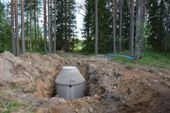 Avloppstank installerad i utgrävd grop i skogsmiljö med blåa rör synliga i bakgrunden.