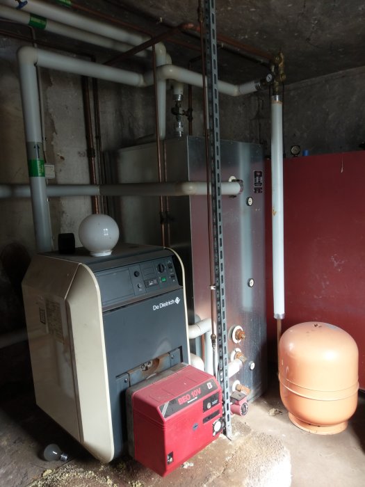 Pannrum med avstängd värmepanna, ackumulatortank och delvis demonterade rörinstallationer.