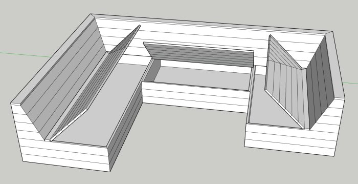 3D-skiss av en oöverbyggd loungegrupp i plywood för altan, avsedd att kläs med trall.