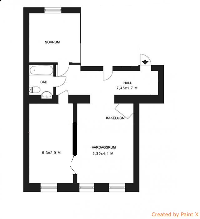 Planritning av en bostad med fyra rum inklusive mått, avsedd för ommålning och renovering.