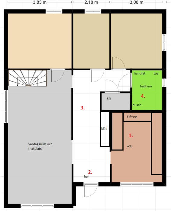 Skissad planlösning för renovering med markerade problemområden i ett hus, inklusive kök och badrum.