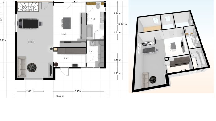 Översiktlig 2D och 3D planlösningsskiss av ett hem med dimensioner och möblering, inklusive kök, vardagsrum och badrum.