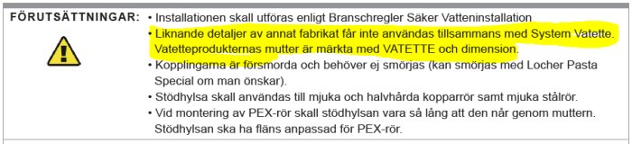 Varningar och instruktioner för rätt användning av Vatette-systemet med markeringar om kompatibilitet.