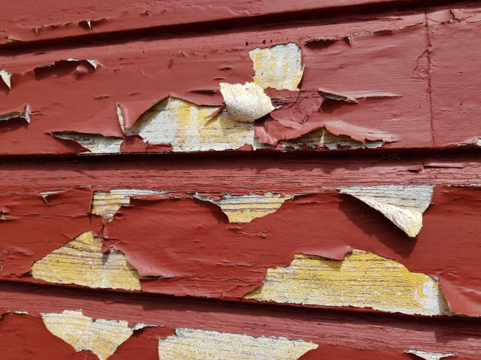 Flagnande röd fasadfärg med synliga gulaktiga lager under på träpanel, ingen luftspalt, direkt på asfaboard.